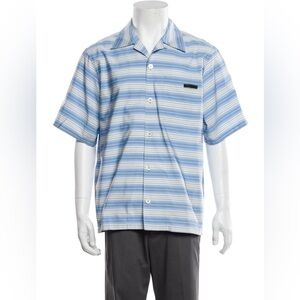 Prada Camica Celeste Short Striped Blue Sleeved Shirt